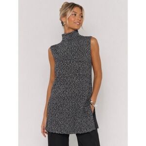 Robert Kitchen Marled Black White Sleeveless Mock Neck Tunic Sweater XL NWT